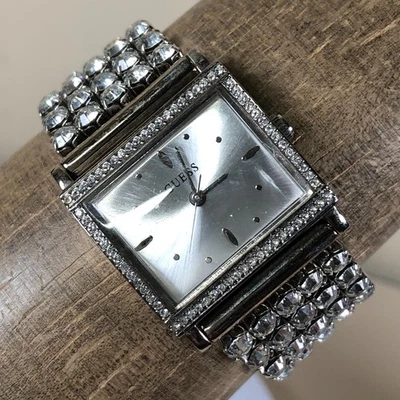 Guess Women G95339L Pave Silver Tone Chains Bracelet Quartz 27mm Watch 6 1/4" - Image 1 of 4