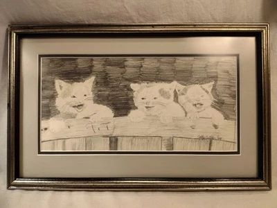 Boceto enmarcado vintage de tres gatos divirtiéndose firmado 1988 firmado Foto 1 de 4