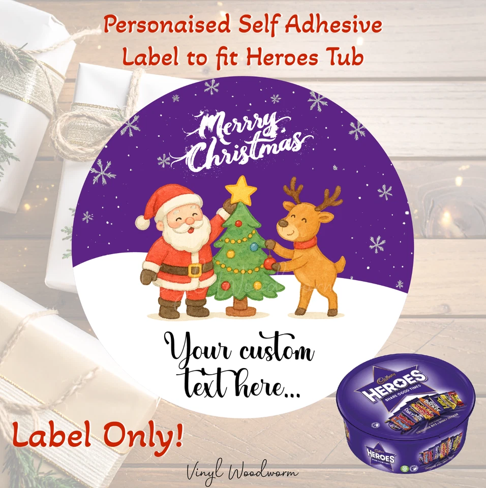 VINYL WOODWORM Personalised Christmas Chocolate Tub Label Sticker for Cadbury Heroes xmas gift