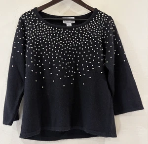 VTG LINEA Sz Large Black Sequin Pearl Cardigan Pullover Sweater Silk Angora - Picture 1 of 12