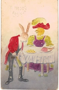 Easter Highly Embossed Dressed Rabbit Waiter Serves Chicken Hat VG [small loss] - Picture 1 of 2