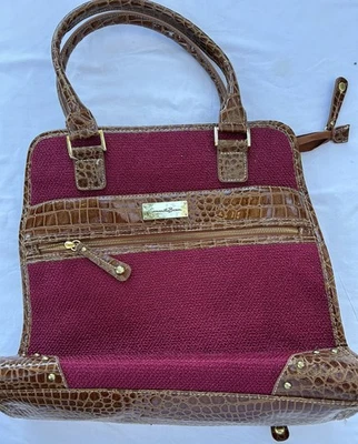 Samantha Brown Burgundy Woven Fabric Brown Croco Embossed Overnight Carry On Bag - Image 1 of 4