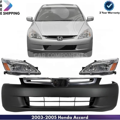 Front Bumper Cover Primed & Headlight Assembly Kit For 2003-2005 Honda Accord Foto 1 de 4