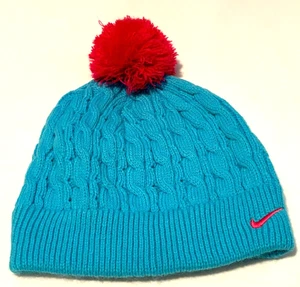 Nike Swoosh Winter Beanie Mütze Blau Strick Rosa Bommel Jugend Mädchen One Size - Bild 1 von 5