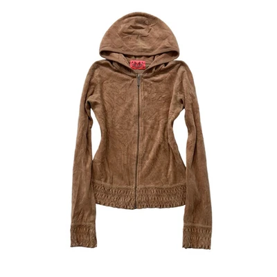2003 Винтажный Juicy Couture желтовато-коричневый со сборками отделки полный молнии куртка с капюшоном размер P - Изображение 1 из 4