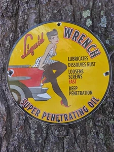 VINTAGE 1958 LIQUID WRENCH SUPER PENETRATING OIL PORCELAIN SIGN 12" - Picture 1 of 4