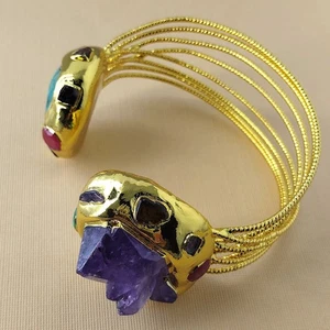 Natural Bohemia Purple Amethyst Raw Druzy Green Turquoise Bangle Cuff Bracelet - Picture 1 of 6