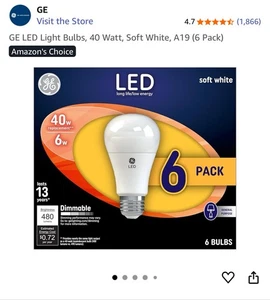 GE LED Light Bulbs, 40 Watt, Soft White, A19 (6 Pack) - Picture 1 of 4