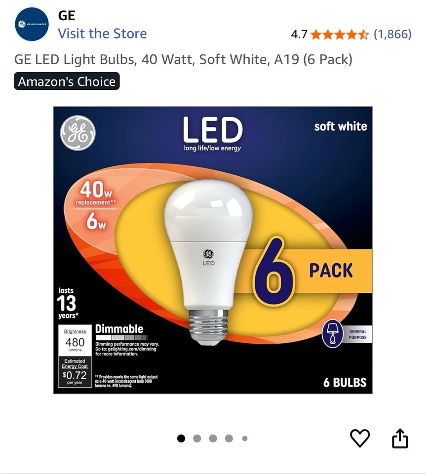 GE LED Light Bulbs, 40 Watt, Soft White, A19 (6 Pack) - Image 1 of 4