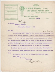 BEN TILLETT, Union leader, 1904 Typed Letter Signed about Chinese workers - Picture 1 of 1