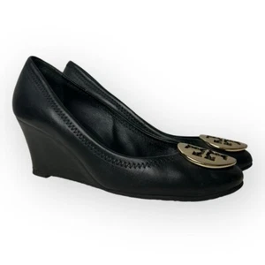 Tory Burch Sally Black Leather Wedges Pumps 5.5 - Picture 1 of 11