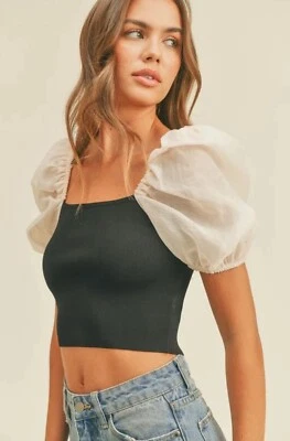 Miou Muse Cream Puffy Sleeved Crop Top Size Small - Image 1 of 4