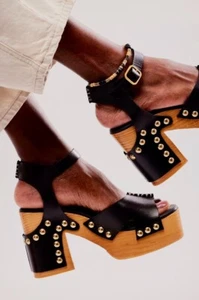 Free People Cecily Clogs Ankle Strap Platform Black Leather Brass Stud 6.5 NEW - Picture 1 of 12