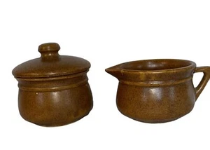 Vintage Monmouth Pottery Brown Speckled Creamer and Lidded Sugar Bowl Set - Picture 1 of 16