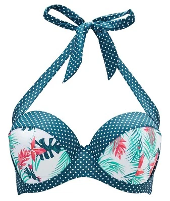 Joe Browns Bikini Top Green White Tropical Size 34C Padded Bandeau Halter Neck - Image 1 of 4