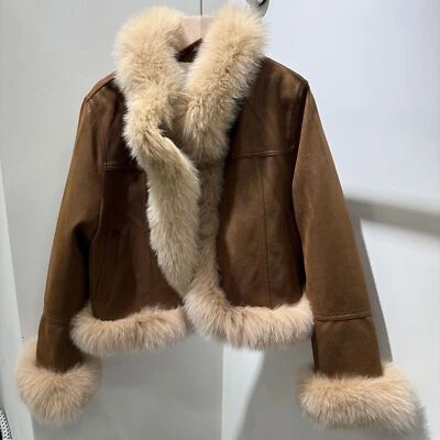 Otoño/Invierno Nuevo Abrigo Corto de Piel de Zorro Real Motocicleta Grueso Polar Gamuza Abrigo Cálido Foto 1 de 4