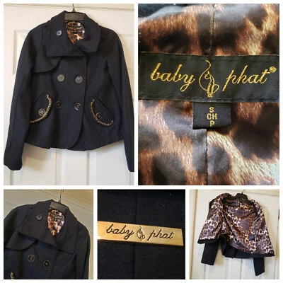 Chaqueta Baby Phat Mujer Pequeña Negra Dorada Lana Abrigo Guisante Borde Leopardo Cadera Cadera Y2K Foto 1 de 4