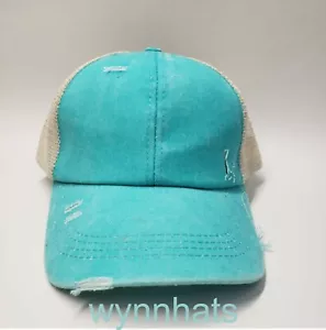 Turquoise. Messy High Bun Ponytail Adjustable. Mesh back Trucker Baseball Cap. - Picture 1 of 4