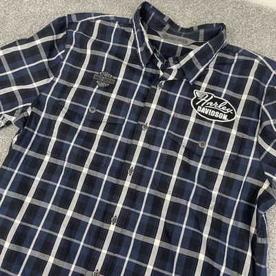 Camisa Harley Davidson Hombre L Azul Abotonada Cuadros Motociclista Motocicleta Parche Mecánico Foto 1 de 4