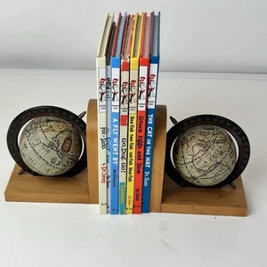 Vintage Wooden Old World Globe Pair Bookends Wood  Spins VTG Office Decor - Picture 1 of 10