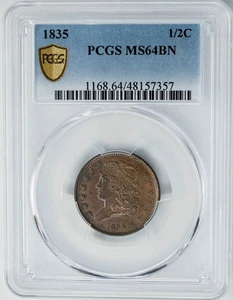 1835 Half Cent 1/2c MS64 Secure PCGS 950480-17 - Picture 1 of 5