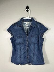 Vintage Y2K Tommy Hilfiger Shirt Womens 12 Blue Denim Jean Stretch - Picture 1 of 10