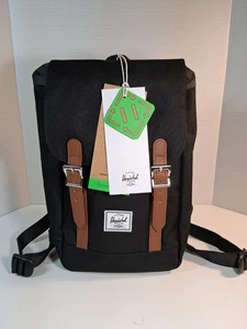 New Herschel Retreat Mini Backpack Black w Brown Straps Magnetic Snaps 10L - Picture 1 of 8