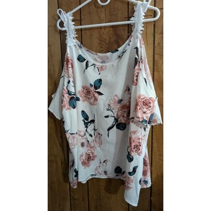 Top spalle fredde donna taglie forti 5X blusa poliestere bianco verde rosa floreale - Foto 1 di 4