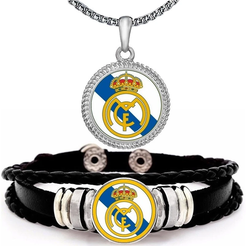 Juego de 2 brazaletes de cuero de fútbol del Real Madrid y collar colgante de 20" Foto 1 de 4