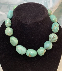 Faux GREEN Turquoise Chunky Choker Statement Piece Oval Bead Necklace 18" - Picture 1 of 7