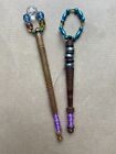 2 Wooden Lace Making Bobbins - 1 With metal rings, Complete with Spangles #2E