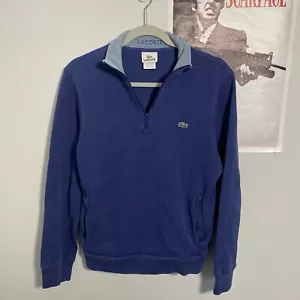 Lacoste Quarter Zip Fleece Pullover Sweater Mens Medium Blue Cotton Pockets - Picture 1 of 5