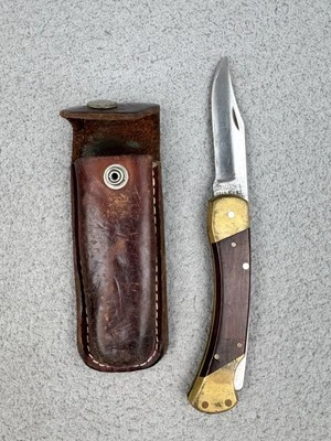 Cuchillo de bolsillo plegable vintage Schrade + LB7 con funda de cuero* hecho en EE. UU. bloqueo trasero Foto 1 de 4