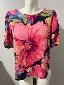 Chico's Women Large Top Linen Floral Pink Rushed Sleeve 2 - Picture 1 of 5