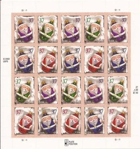 US Stamp - 2004 Santa Christmas Ornaments - 20 Stamp Sheet #3883-6 - Picture 1 of 1