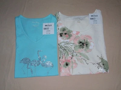 Lot of 2 NWT Coral Bay Short Sleeve T-shirts Teal Flamingo Floral Sz L - Image 1 of 4