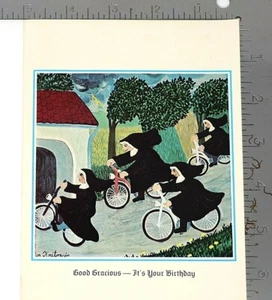 Happy Birthday Religious Card Nuns Bicycles Emil Fink Verlag Stuttgart W Germany - Picture 1 of 6