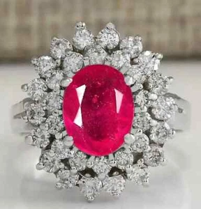3.20 Ct Oval Cut Natural Ruby & Diamond Engagement Ring Solid 14k White Gold - Picture 1 of 9
