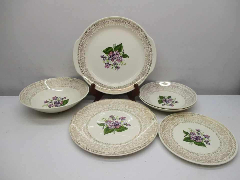 Cunningham & Pickett Springviolet 2 Salad Bowls--1 Veg Bowl -1 Cake Plate & More - Image 1 of 4