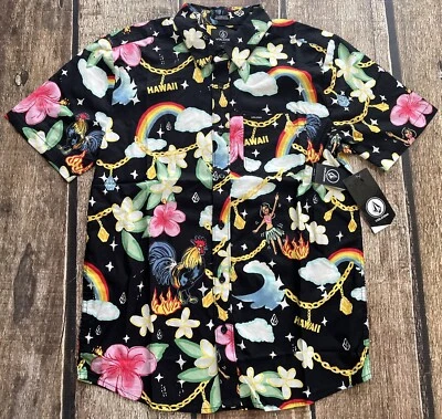 VOLCOM DREW TOONZ FLORAL HAWAIIAN LUAU CLASSIC FIT SHIRT BLACK MENS SMALL NEW - Image 1 of 4