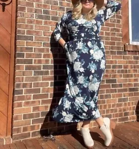 LuLaRoe Evelyn Smocked Waist Maxi Dress Women's Plus Size 3XL, Ivory/Navy - Picture 1 of 8