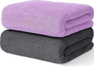 2 Pack Waffle Bath Towels, Soft & Absorbent, Quick Dry (27"x55", Grey+Purple) - Picture 1 of 9