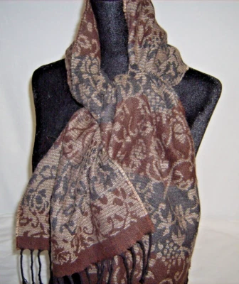 Vtg Hand Woven Fine Wool Scarf Browns, Tans, Black Floral 59"L x 12.50"W Chic - Image 1 of 4