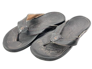 Sandalias chanclas de cuero Olukai HIAPO para hombre talla 11,5 marrón bordado - Imagen 1 de 11