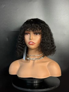 African American Water Wave Human Hair Wig Afro With Bangs Curly - Picture 1 of 12