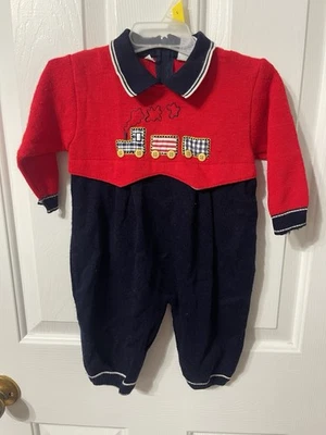 CARRIAGE BOUTIQUES Outfit Vintage Boys 12M Sweater Romper Trains - Image 1 of 4