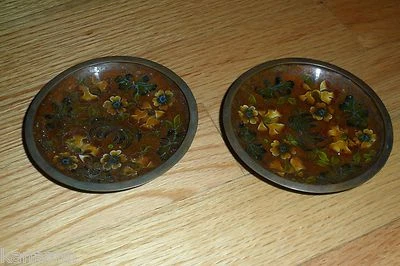 Antique Early 20th C miniature Chinese Cloisonne Oriental Brown Pair Dish/Plate Foto 1 de 4
