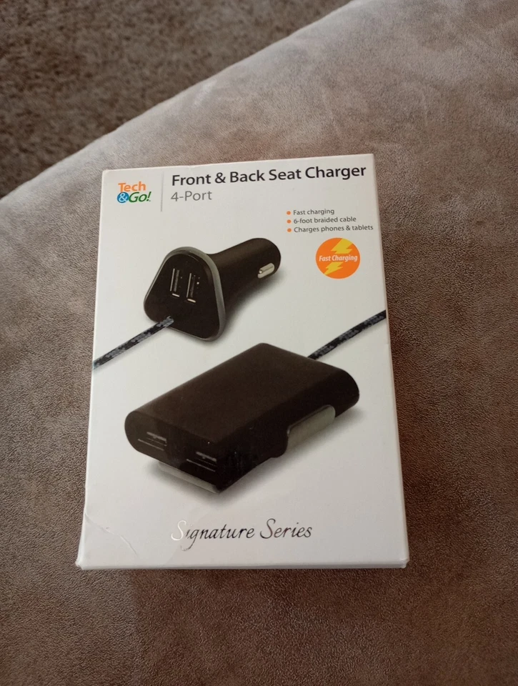 Tech and Go 9.6 Amp 4-Port Front and Back Seat Charger, Black/Braided with Matte - Image 1 of 4