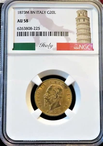 1873M BN Italy Gold 20 Lire NGC AU58 * POP 32/116 * FREE Ship - Picture 1 of 6