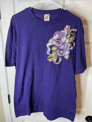 Vintage 90s Large Purple T-Shirt Gold Flower Art USA Made Jerzees Single Stitch - Image 1 of 4